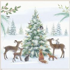 a christmas tree with deer and birds around it