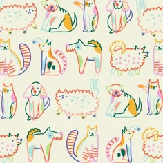 an animal themed wallpaper with cats, dogs and sheeps in pastel colors