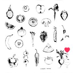 various fruits and vegetables drawn in black ink on white paper with a red heart at the bottom