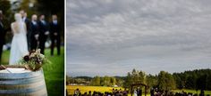 a wedding ceremony in the middle of a field and an image of a barrel with flowers on it