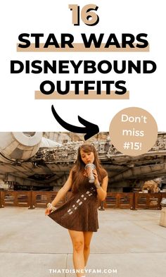 a woman in a star wars dress holding a microphone with the words, 16 star wars disneyland