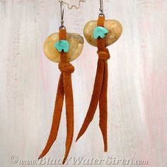 PRIMITIVE BEAR - One Of A Kind Earrings with Copal Amber, Vintage Turquoise Animal Fetish, Leather Water Siren, Primitive Bear, Jewelry Black, Black Water, Vintage Turquoise, Jewelry Earrings Dangle, Dangle Drop Earrings, Amber, Jewelry Earrings