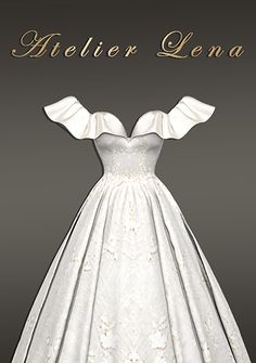 a white wedding dress with gold lettering on the front and bottom, is featured in this image