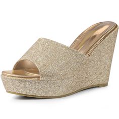 Shop Allegra K for glitter platform slip on wedge heel sandals you are looking for, get more women's platform/wedge for yourelf. Order now! Free Returns! Sparkly Wedge Heels, Heels Design, Stylish Footwear, Sandals Gold, Platform Wedge Heels, Shoes Heels Wedges, Wedge Heel Sandals, Platform Wedge Sandals, Heels Sandals