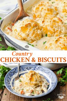 chicken and biscuits casserole in a blue and white dish with a wooden spoon