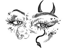 a drawing of a woman's face with horns and hearts around her eyes, drawn in black ink