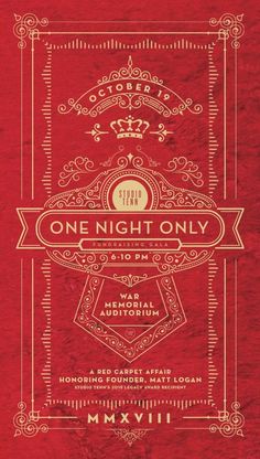 the poster for one night only is shown in gold on red paper, with an ornate frame