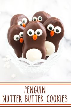 A glass bowl with Penguin Nutter Butter Cookies. Chocolate Penguins, Butter Sandwich Cookies, Penguin Cookies, Butter Desserts, Woman Dance, Butter Sandwich, Nutter Butter Cookies, Candy Treats, Nutter Butter