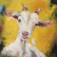 a painting of a white cow on a yellow and blue background is being displayed in an easel