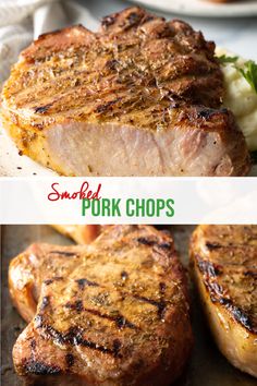 pork chops on a plate with broccoli and mashed potatoes