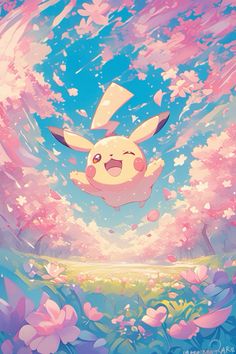 a painting of a pikachu flying through the air with flowers in front of it