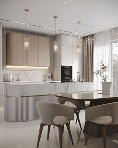 a modern kitchen with marble counter tops and wooden cabinets