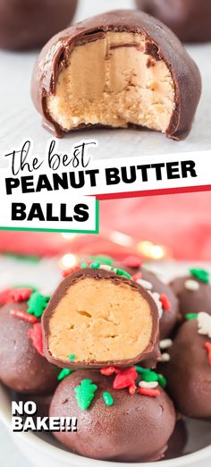 chocolate peanut butter balls on a plate with the words, the best peanut butter balls