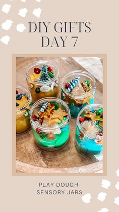 four small glass bowls filled with different types of desserts on top of a wooden table