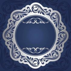 a blue and silver background with an oval frame in the center, on top of a floral