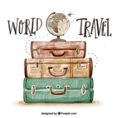 three suitcases stacked on top of each other with the words world travel above them