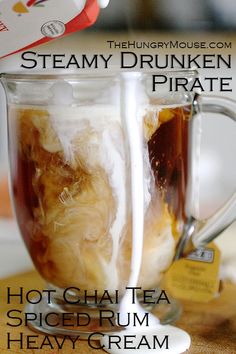 the steamy drunken pirate hot chai tea is served in a heavy cream mug