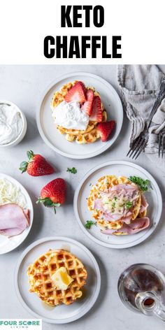 three plates with waffles, strawberries and other food on them next to a glass of wine