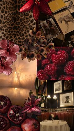 a collage of photos with pomegranates and pictures on the wall