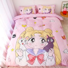 a bed with a cartoon character on it