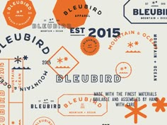 an orange and white poster with different types of stamps on it's sides, including the words bleubbird