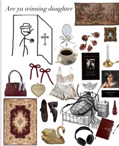 there are many items that can be seen in this image, including books and purses