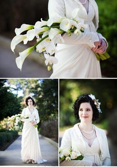 a woman in a white dress holding flowers and posing for pictures on her wedding day