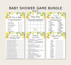 the bridal shower game bundle is shown with lemons and leaves on each side