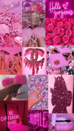 the collage shows pink and purple colors, including roses, glitters, heels, rings, jewelry, and more