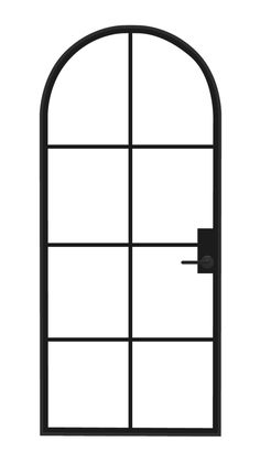 an arched window with glass and metal bars