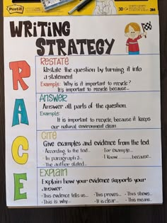 a poster with writing strategy written in different colors and styles on it, along with a pen