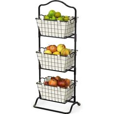 three tiered metal basket stand with apples and pears