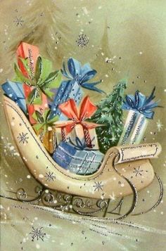 a painting of a sleigh filled with presents