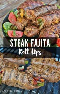 steak fajita on the grill with tomatoes and peppers