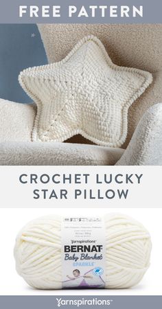 a white crochet star pillow with text that reads, free pattern