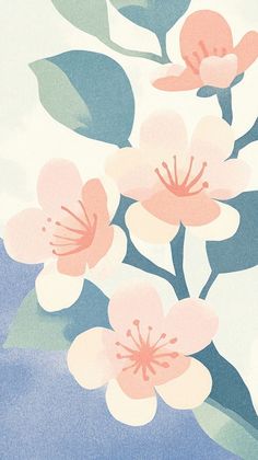 a painting of pink flowers with green leaves on a blue and white background in pastel colors