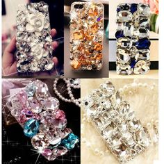 four different styles of cell phone cases with diamonds on the front and sides, one is clear