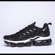 Left Shoe Has Extra Glue Around Front Tip. Over Seven Years In The Making, The Men's Nike Air Vapormax Plus Running Shoes Are A Transcendent Revolution. This Sleek Hybrid Sneaker Not Only Brings The Comfort You Crave, The Unique Style Makes Them A Standout, Wearable Style For Everyday Use. A Snug, Foot-Hugging Bootie Construction Provides The Stability You Want, While Iconic Vapormax Cushioning Enhances That Springy Bounce You Can Feel With Every Step. Completely Transforming The Standard Air Ma Dynamic Black Custom Sneakers With Air Cushioning, Black Custom Sneakers With Air Max Cushioning, Black Dynamic Sneakers With Air Max Cushioning, Nike Dynamic Black Custom Sneakers, Nike Custom Black Dynamic Sneakers, Dynamic Black Nike Custom Sneakers, Black Nike Air Max With Boost Midsole, Black Nike Air Max Low-top For Light Sports, Black Nike Air Max Low-top With Boost Midsole