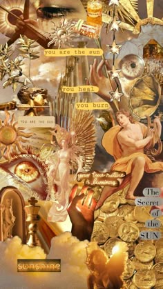 an artistic collage with gold coins, angels and other things in the sky above them