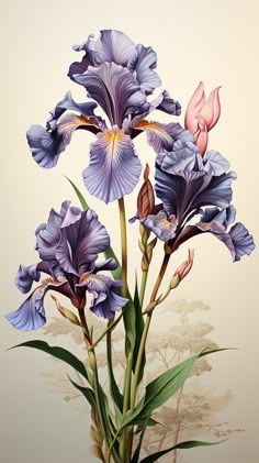 a painting of purple flowers in a vase