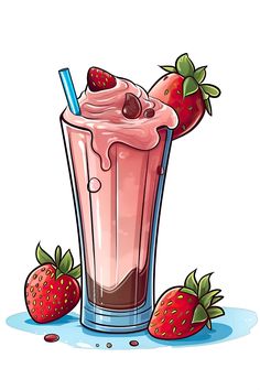 a strawberry milkshake with strawberries on the side