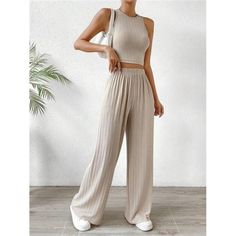 -Color: Khaki -Style: Casual -Pattern Type: Plain -Details: Rib-Knit -Neckline: Round Neck -Sleeve Length: Sleeveless -Pants & Tank Tops & Camis Material: Knitted Fabric -Top Type: Camisole -Pants & Tank Tops & Camis Composition: 95% Polyester, 5% Elastane -Bottom Type: Pants -Length: Crop -Pants Body: Unlined -Fit Type: Slim Fit -Fabric: Medium Stretch -Care Instructions: Hand Wash Or Professional Dry Clean -Sheer: Semi-Sheer **Open To Offers!!!** **Bundle To Save More** **30% Off Bundles Of 2 Interesting Pants, Flowy Summer Pants, Solid Crop Tank Top, Solid Tank Tops, Khaki Fashion, Rayon Pants, Summer Pants, Crop Tank Top, Comfy Fashion