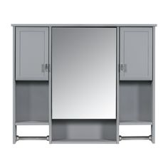 a gray cabinet with two doors and a mirror