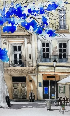 a watercolor painting of a building with blue flowers on the tree in front of it