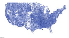 a map of the united states in blue ink on white paper, showing rivers and lakes