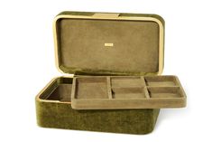 an open green velvet case with compartments on the bottom and inside, sitting in front of a white background