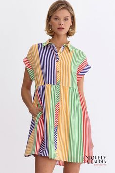 Nothing says spring/summer fun like our Nikki Multi-Color Stripes Shirt Mini Dress. This fun easy dress boasts a delightful array of colors, and the button-down design and side pockets adds practicality while ensuring ease of wear. The inclusion of a lining ensures both comfort and confidence, allowing you to embrace every moment. The allure of this dress lies in its versatility. Whether you're strolling through sun-kissed streets or attending a daytime soirée, pair it with cute wedges, sandals Relaxed Fit Summer Shirt Dress For Daytime, Relaxed Fit Shirt Dress For Summer Daytime, Spring Vacation Cotton Shirt Dress, Spring Cotton Shirt Dress For Vacation, Casual Shirt Dress With Pockets For Vacation, Casual Multicolor Shirt Dress For Beach, Trendy Short Sleeve Shirt Dress For Beach, Casual Multicolor Shirt Dress For Summer, Trendy Short Sleeve Shirt Dress For The Beach