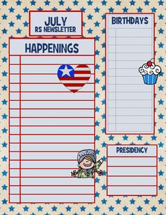 an american flag themed birthday planner with cupcakes and stars on the page,