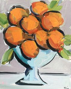 a painting of oranges in a blue vase