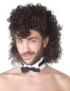 PRICES MAY VARY. Size: Standard Synthetic fiber wig Brunette toned fibers in curly style Bowtie collar secures with Velcro Permed Mullet, Jheri Curl, Short Spiky Haircuts, Edgars Haircut, Mullet Wig, Hair Challenge, Mullet Haircut, Curly Mullet, Spiky Hair